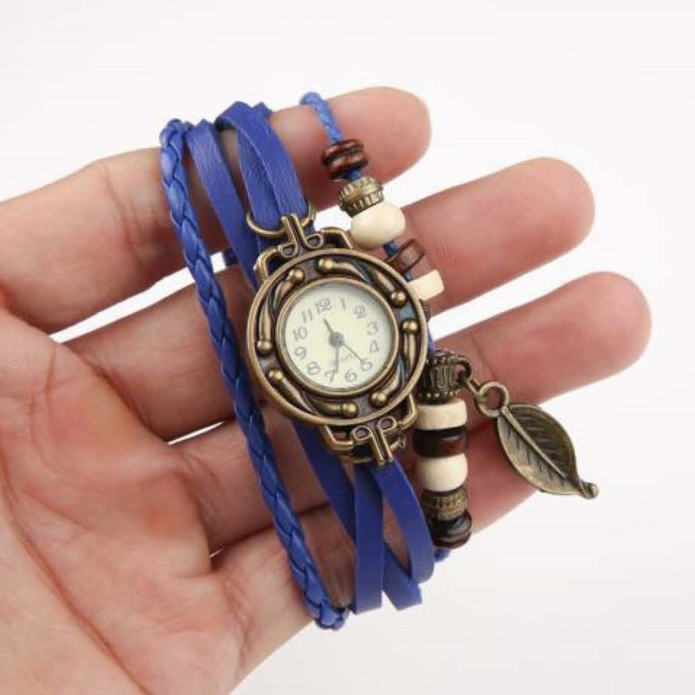 Beaded Bracelet Boho Watch - Leaf Charm - Blue
